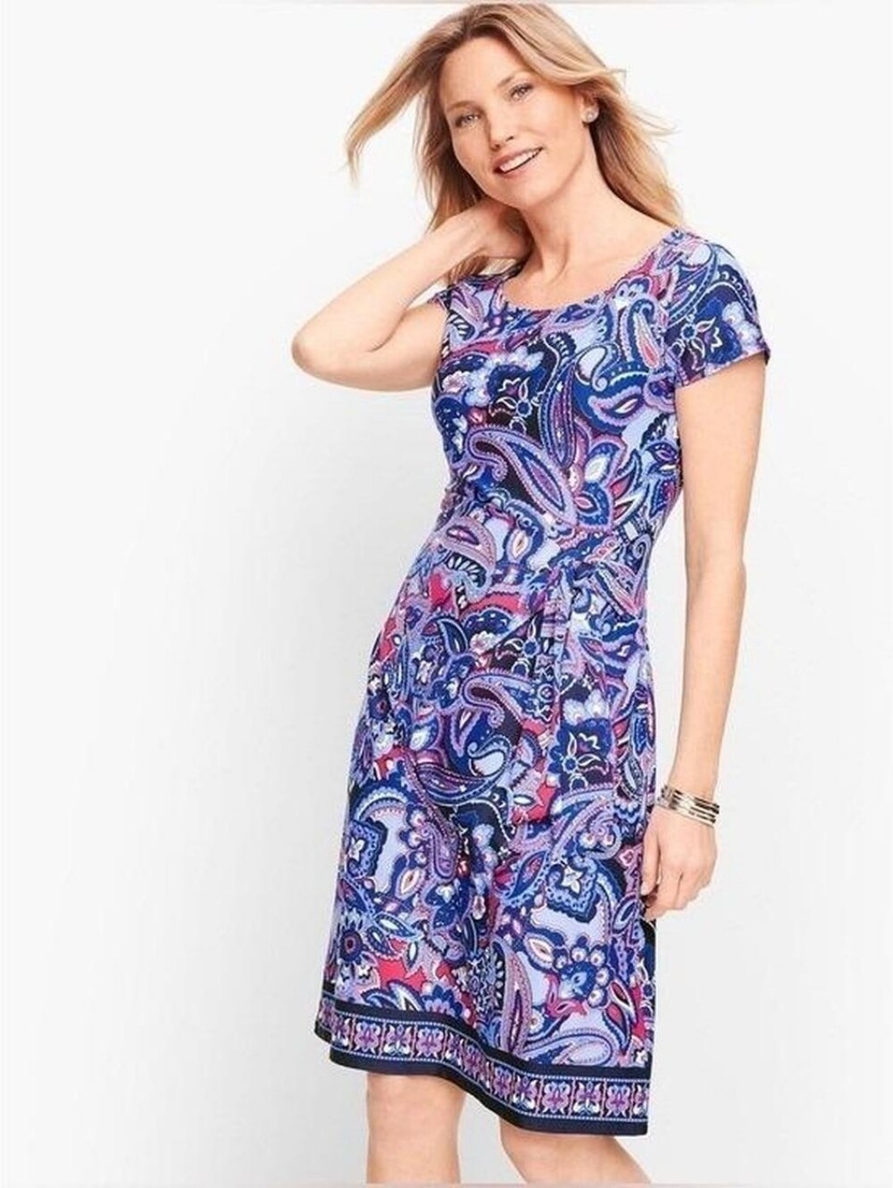 Talbots Fit & Flare Dress Womens 2XP Blue Paisley Short Sleeve Stretch Faux Wrap